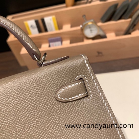 Hermes kelly20 epsom19cm Silver Hardware 18 /Étoupe Grey Silver Hardware Full Handmade kellymini-089