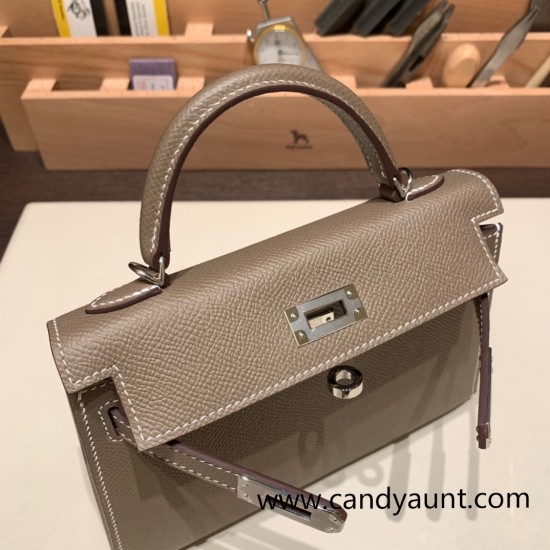 Hermes kelly20 epsom19cm Silver Hardware 18 /Étoupe Grey Silver Hardware Full Handmade kellymini-089