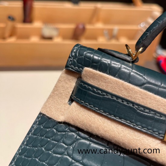 Hermes kelly20 Matte Alligateor Crocodile 19cm V0/Vert Rousseau Gold Hardware Full Handmade kellymini-096