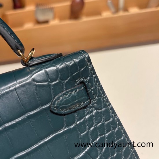 Hermes kelly20 Matte Alligateor Crocodile 19cm V0/Vert Rousseau Gold Hardware Full Handmade kellymini-096