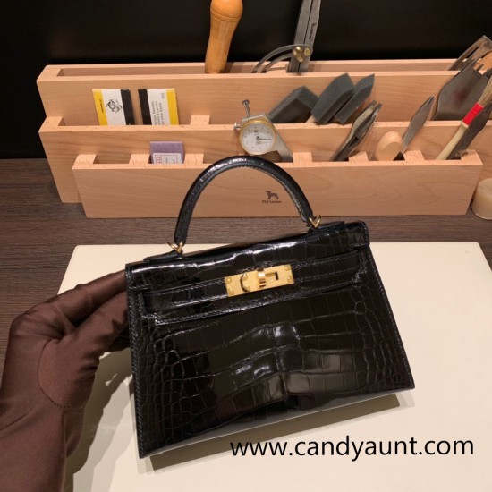 Hermes kelly20 Alligateor crocodile 89 /Black (Noir) Gold Hardware Full Handmade kellymini-105