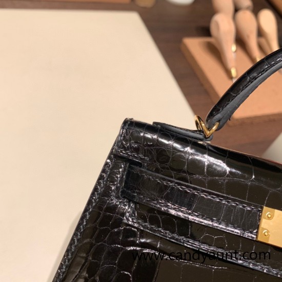 Hermes kelly20 Alligateor crocodile 89 /Black (Noir) Gold Hardware Full Handmade kellymini-105