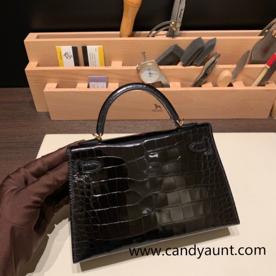 Hermes kelly20 Alligateor crocodile 89 /Black (Noir) Gold Hardware Full Handmade kellymini-105