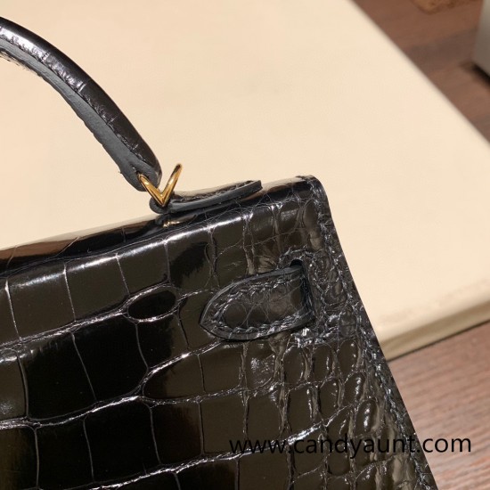 Hermes kelly20 Alligateor crocodile 89 /Black (Noir) Gold Hardware Full Handmade kellymini-105