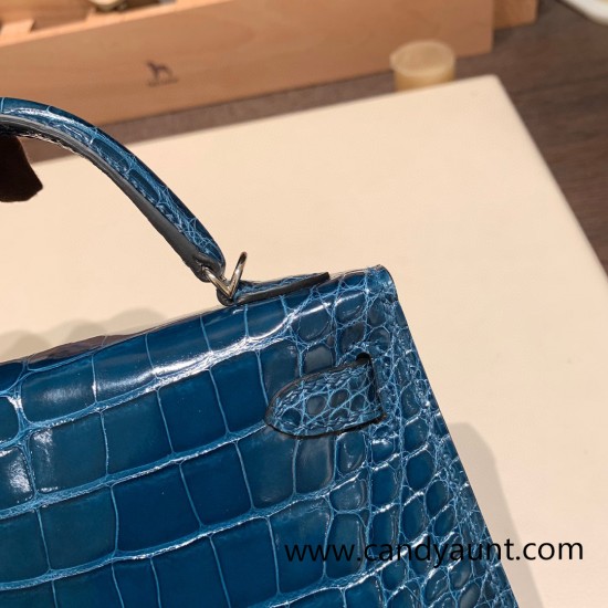 Hermes kelly20 Alligateor crocodile W0 /Vert Bosphore Silver Hardware Full Handmade kellymini-106