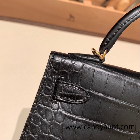 Hermes kelly20 Alligateor crocodile 89/ Black (Noir) Gold Hardware Full Handmade kellymini-107