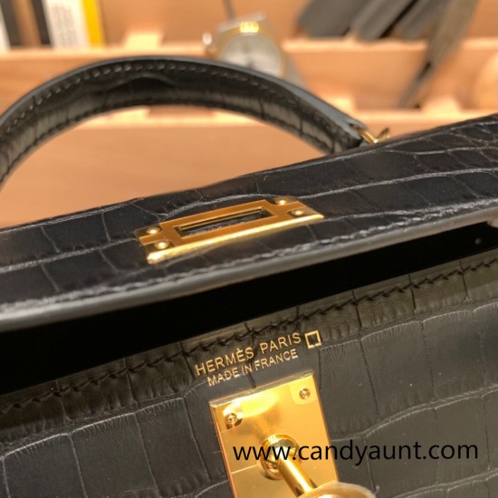 Hermes kelly20 Alligateor crocodile 89/ Black (Noir) Gold Hardware Full Handmade kellymini-107