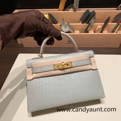 Hermes kelly20 Matte Mini Kelly Alligateor crocodile 80 /Pearl Grey Gold Hardware Full Handmade kellymini-108