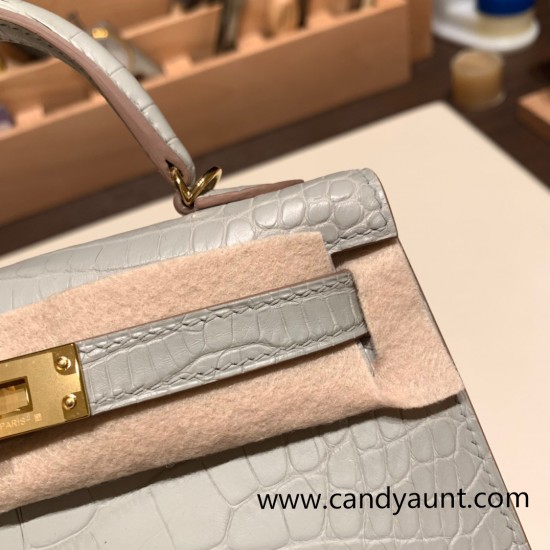 Hermes kelly20 Matte Mini Kelly Alligateor crocodile 80 /Pearl Grey Gold Hardware Full Handmade kellymini-108