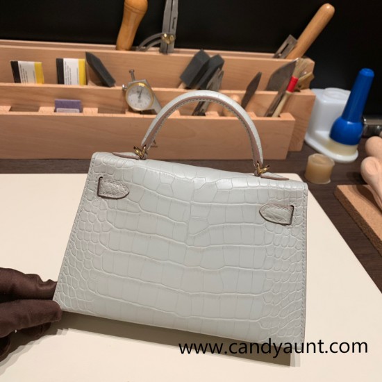 Hermes kelly20 Matte Mini Kelly Alligateor crocodile 80 /Pearl Grey Gold Hardware Full Handmade kellymini-108