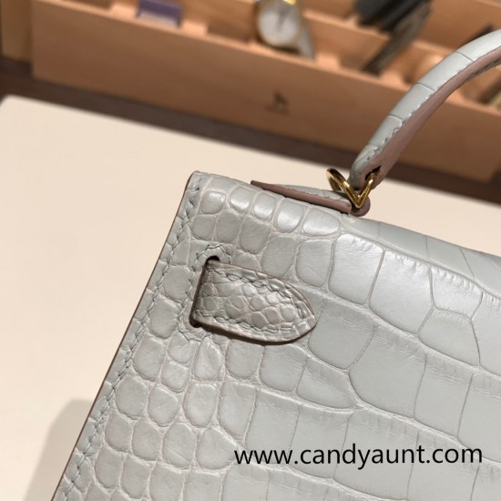 Hermes kelly20 Matte Mini Kelly Alligateor crocodile 80 /Pearl Grey Gold Hardware Full Handmade kellymini-108