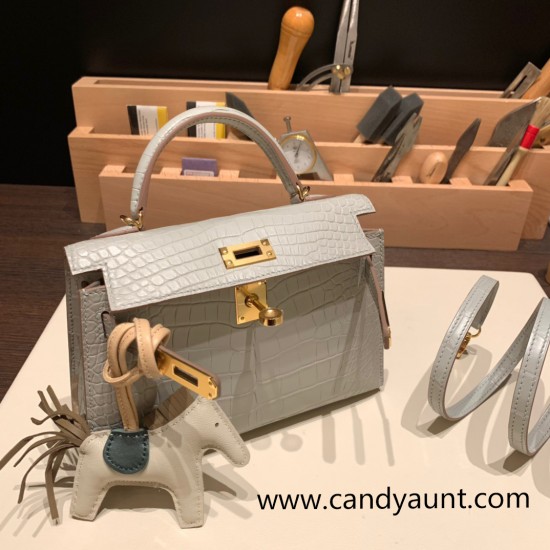 Hermes kelly20 Matte Mini Kelly Alligateor crocodile 80 /Pearl Grey Gold Hardware Full Handmade kellymini-108