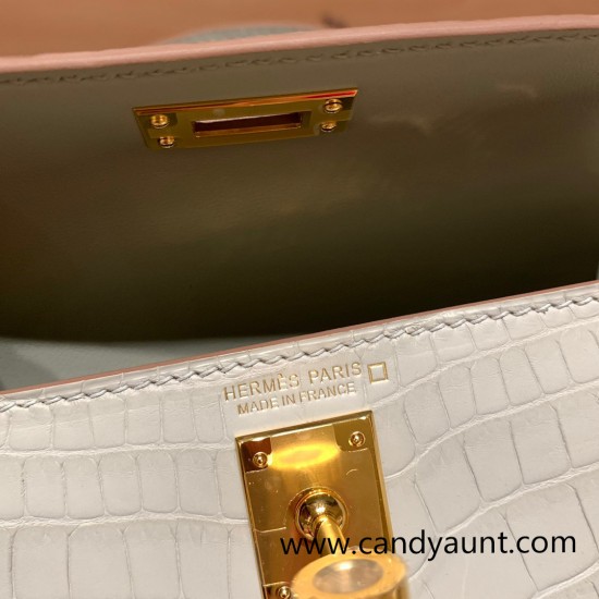 Hermes kelly20 Matte Mini Kelly Alligateor crocodile 80 /Pearl Grey Gold Hardware Full Handmade kellymini-108