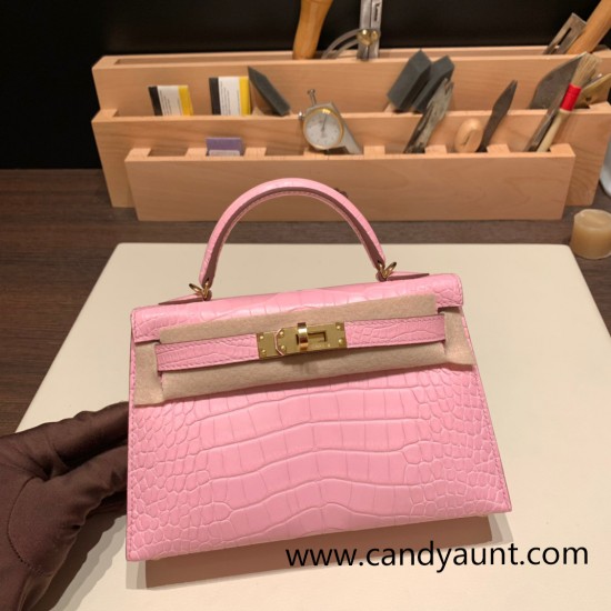 Hermes kelly20 Matte Mini Kelly Alligateor crocodile 5P /Pink Gold Hardware Full Handmade kellymini-109