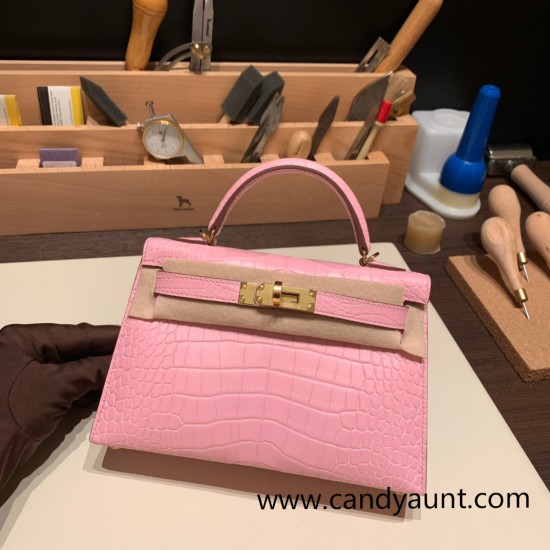 Hermes kelly20 Matte Mini Kelly Alligateor crocodile 5P /Pink Gold Hardware Full Handmade kellymini-109