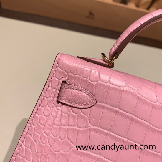 Hermes kelly20 Matte Mini Kelly Alligateor crocodile 5P /Pink Gold Hardware Full Handmade kellymini-109