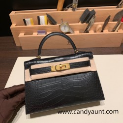 Hermes kelly20 Matte Mini Kelly Alligateor crocodile 89 /Black (Noir) Gold Hardware Full Handmade kellymini-110