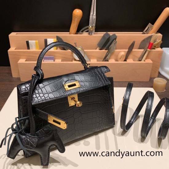 Hermes kelly20 Matte Mini Kelly Alligateor crocodile 89 /Black (Noir) Gold Hardware Full Handmade kellymini-110