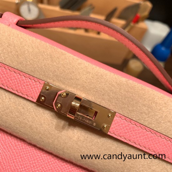 Hermes Kelly pochette Epsom 1Q/Rose Confetti  Roseglod Hardware Pochette--013