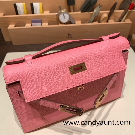 Hermes Kelly pochette Epsom 1Q/Rose Confetti  Roseglod Hardware Pochette--013