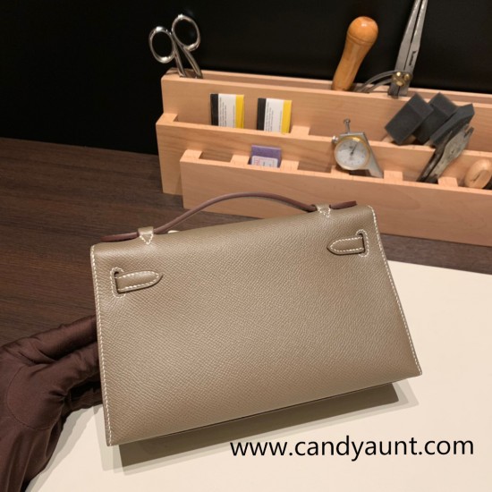 Hermes Kelly pochette Epsom 18/Étoupe Grey Silver Hardware  Pochette--021