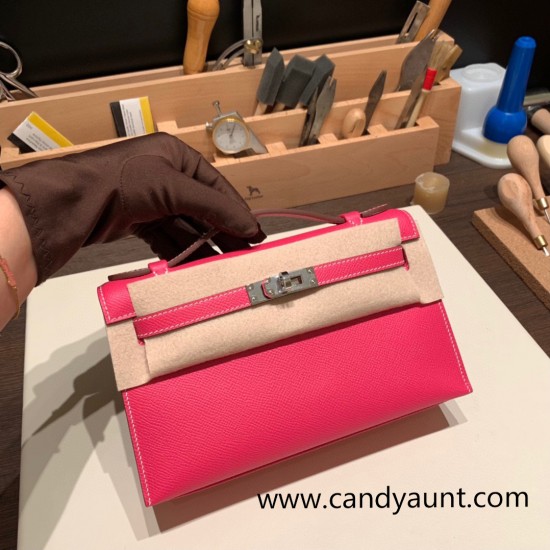 Hermes Kelly pochette epsom 8T /Rose Candy  Silver Hardware Pochette--023