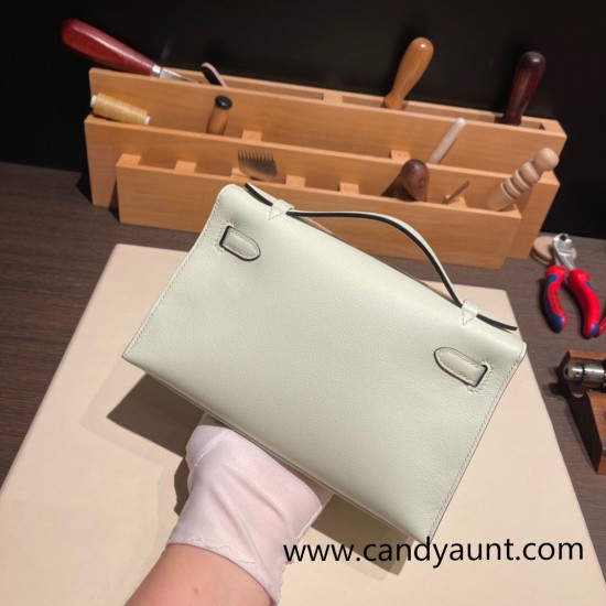 Hermes Kelly pochette swift 0S vertdeau Silver Hardware Pochette--031