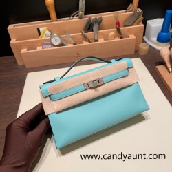 Hermes Kelly pochette swift 3P /Blue Atoll Silver Hardware Pochette--033