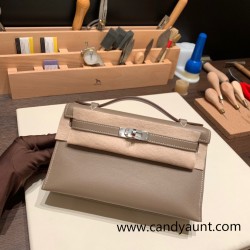 Hermes Kelly pochette swift 18 /Étoupe Grey (Étoupe) Silver Hardware Pochette--036