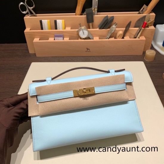 Hermes Kelly pochette swift 7R /Azur Gold Hardware Pochette--047