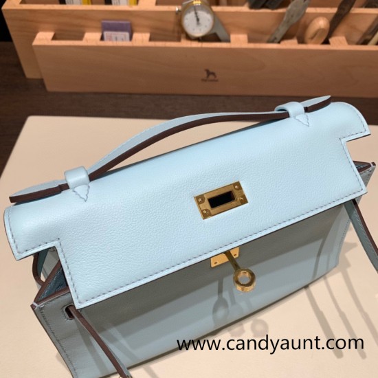 Hermes Kelly pochette swift 7R /Azur Gold Hardware Pochette--047