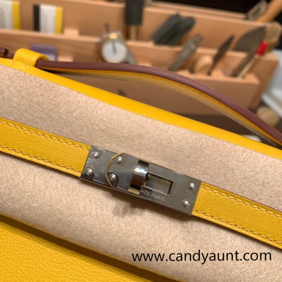 Hermes Kelly pochette swift 9D /Jaune Ambre Silver Hardware Pochette--049