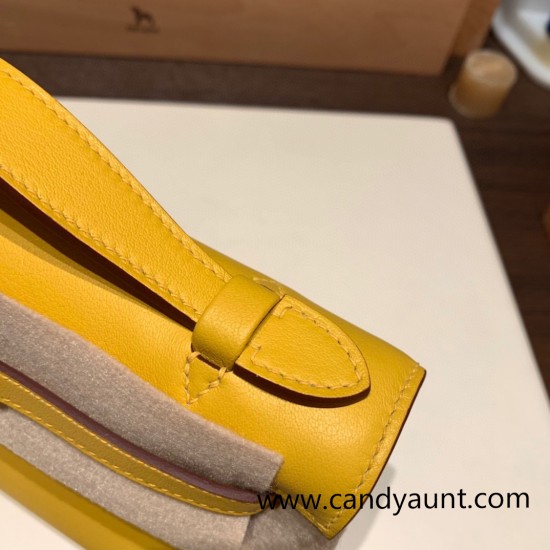 Hermes Kelly pochette swift 9D /Jaune Ambre Silver Hardware Pochette--049