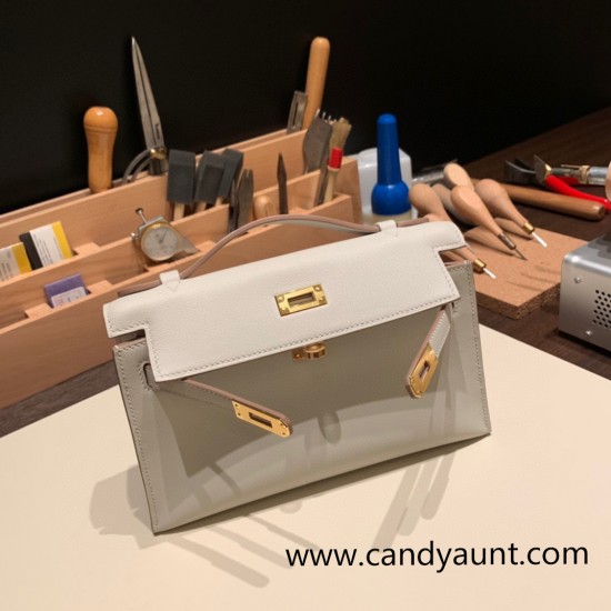 Hermes Kelly pochette swift 80 /Pearl Grey Gold Hardware Pochette--050