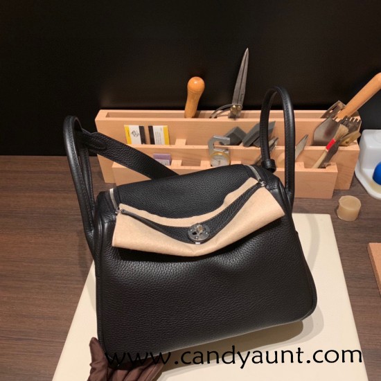 Hermes Lindy 26cm Clemence 89/ Black (Noir) Silver Hardware lindy26-011