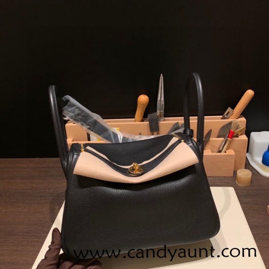 Hermes Lindy 26cm Clemence 89/ Black (Noir) Gold Hardware lindy26-012