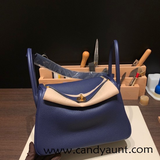 Hermes Lindy 26cm Clemence 73/ Blue Saphir Gold Hardware lindy26-042