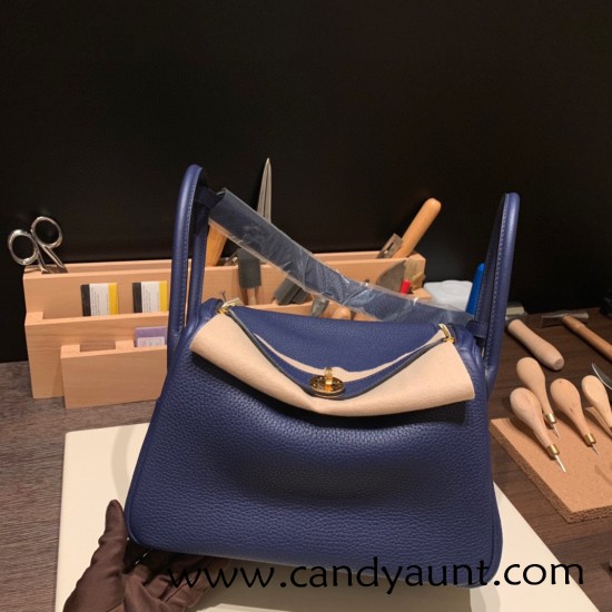 Hermes Lindy 26cm Clemence 73/ Blue Saphir Gold Hardware lindy26-042