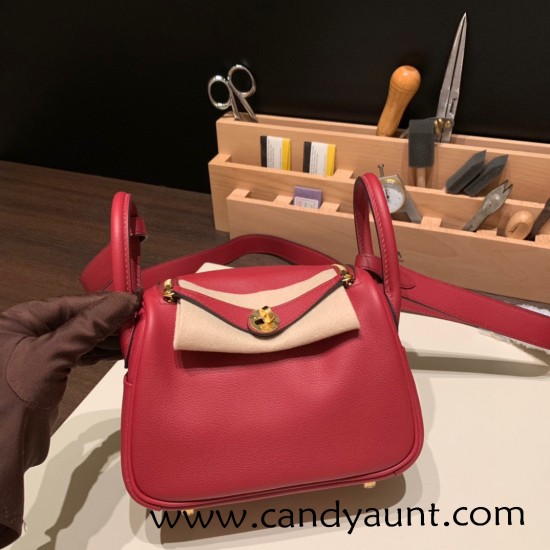 Hermes Mini Lindy Evercolor K1 / Rouge Grenat Gold Hardware 003