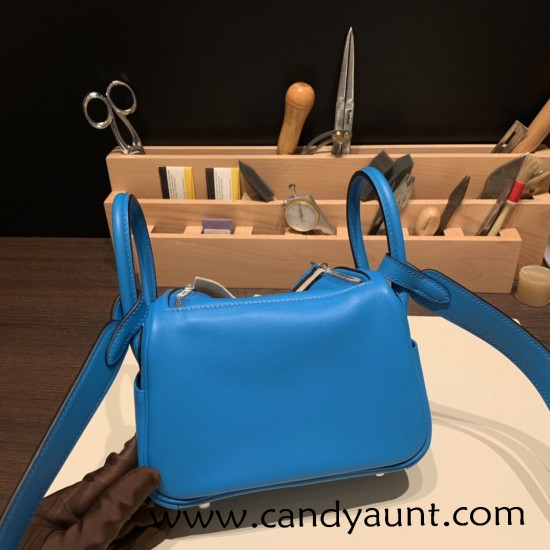 Hermes Mini Lindy 0F/ Blue Frida 0F /Blue Frida Silver Hardware 015