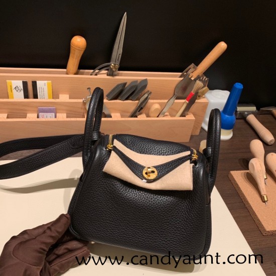 Hermes Mini Lindy Clemence 89 /Black Gold Hardware 050