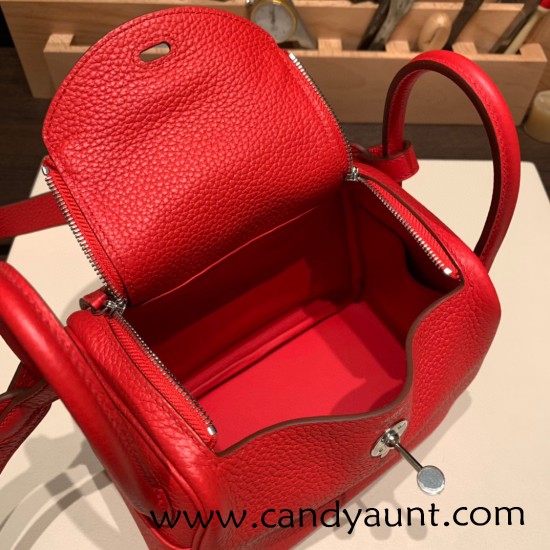 Hermes Mini Lindy Clemence S3/Rouge Cœur Silver Hardware 076