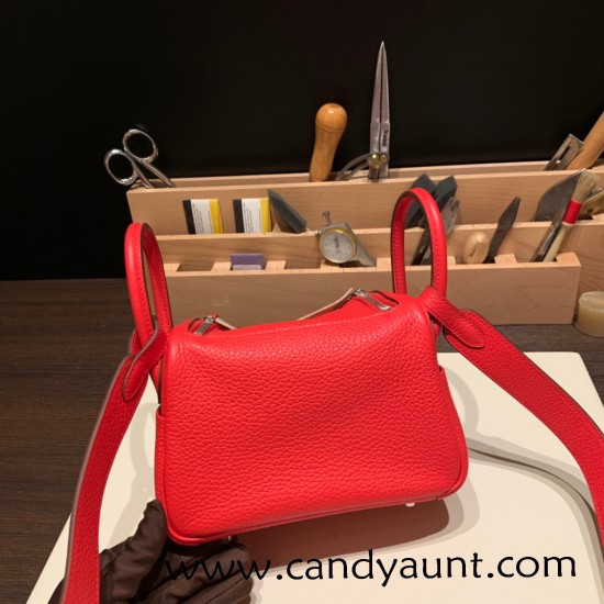 Hermes Mini Lindy Clemence S3/Rouge Cœur Silver Hardware 076