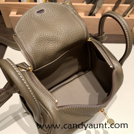 Hermes Mini Lindy Clemence 18/Étoupe Grey Gold Hardware 093