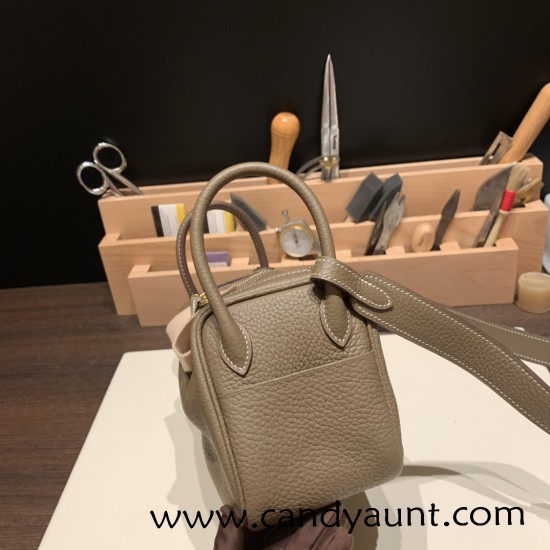 Hermes Mini Lindy Clemence 18/Étoupe Grey Gold Hardware 093