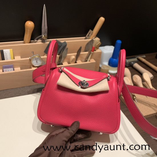 Hermes Mini Lindy Clemence I6 /Rose Extreme Silver Hardware 099