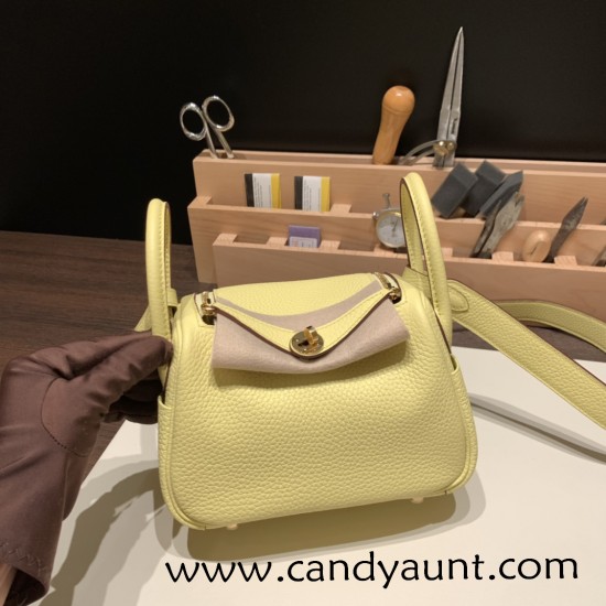 Hermes Mini Lindy Clemence 1Z /Jaune Poussin Gold Hardware 100