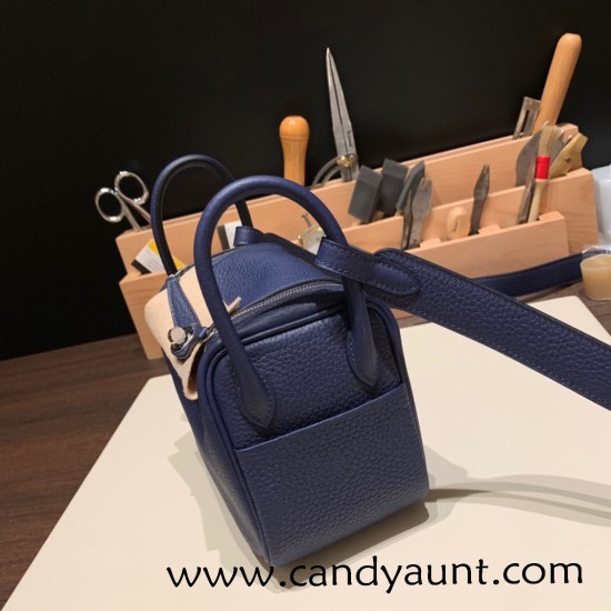 Hermes Mini Lindy Clemence 73 /Blue Saphir Silver Hardware 102