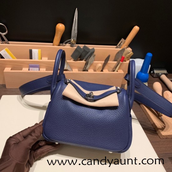 Hermes Mini Lindy Clemence 73 /Blue Saphir Silver Hardware 102