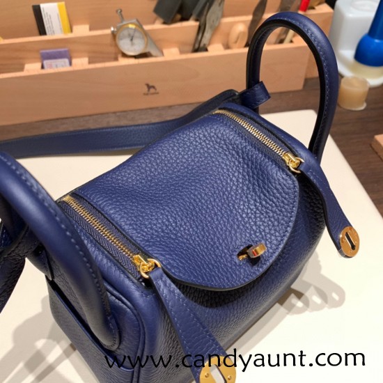 Hermes Mini Lindy Clemence 73 /Blue Saphir Gold Hardware 103